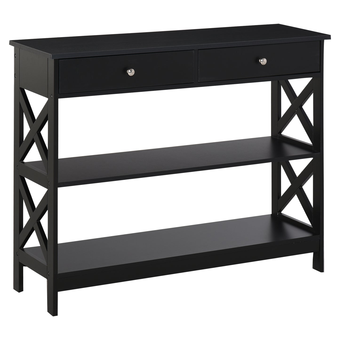 Console Table Sofa Side Desk with Storage Shelves Drawers X Frame for Living Room Entryway Bedroom Black