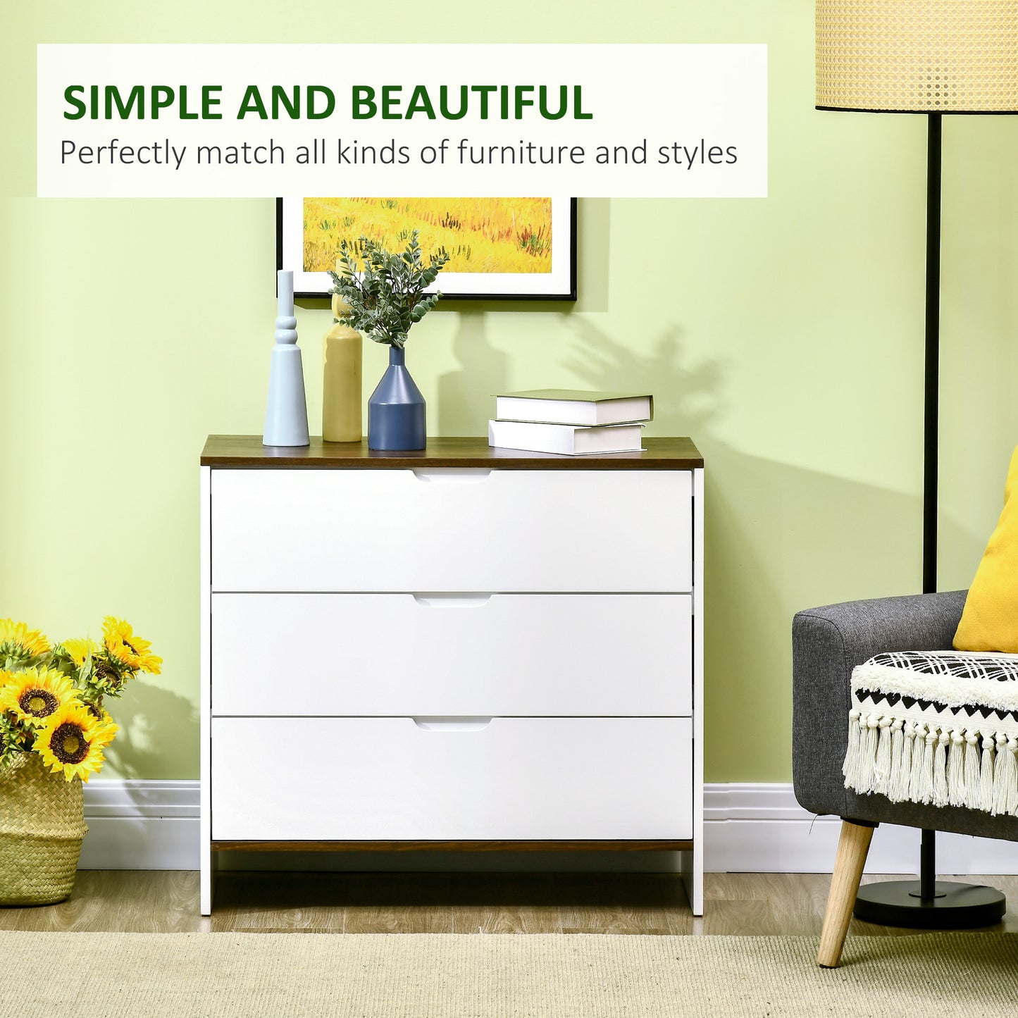 Chest of Drawers, 3 Drawer Dresser with Cut-out Handles, Drawers Unit with Storage for Bedroom, Living Room, White