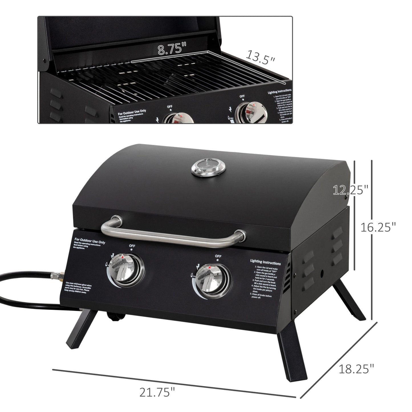 Outsunny 2 Burner Propane Gas Grill Outdoor Portable Tabletop BBQ with Foldable Legs w/ Lid, Thermometer for Camping, Picnic, Backyard, Black