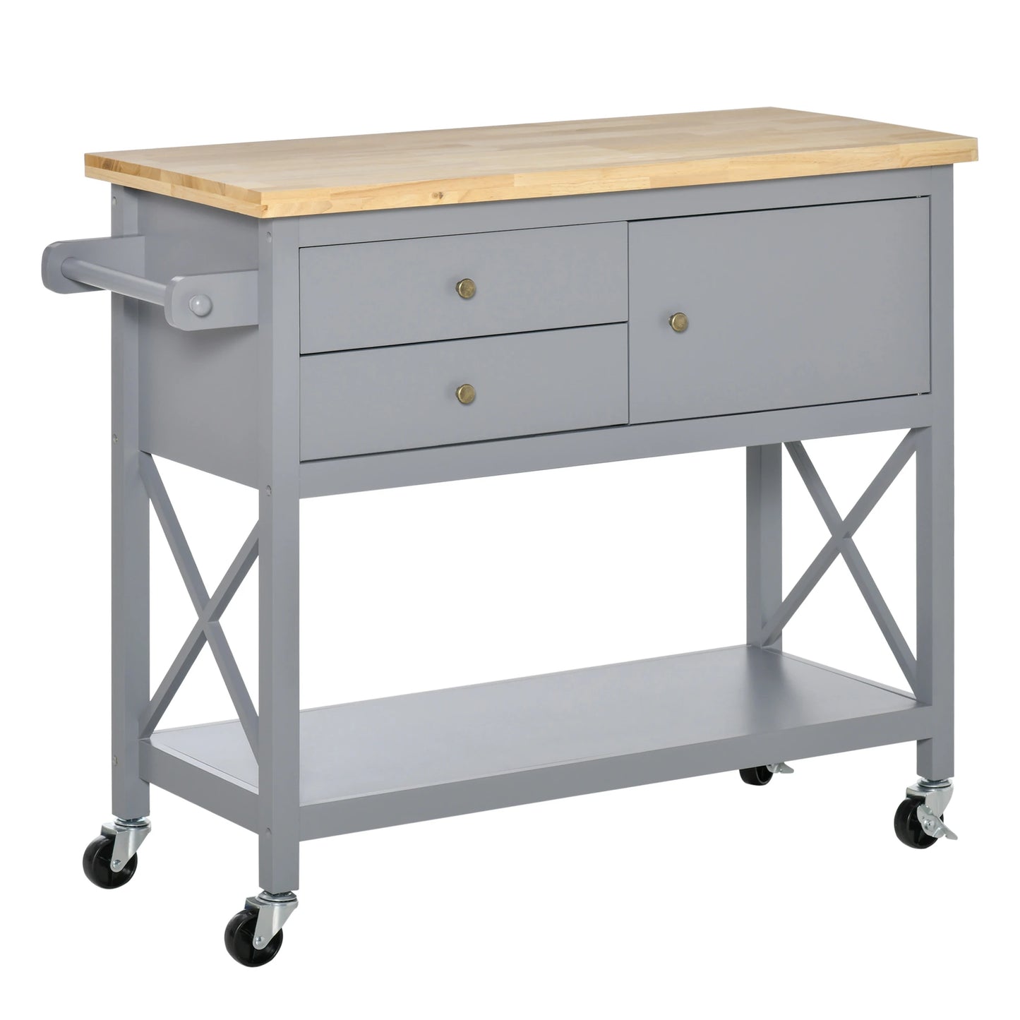 Utility Kitchen Cart Rolling Kitchen Island Storage Trolley with Rubberwood Top, 2 Drawers, Towel Rack, Grey