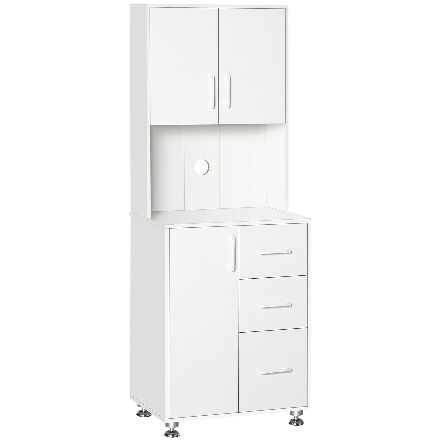 Modern Kitchen Cupboard with Storage Cabinet Hutch, 2 Cabinets, 3 Drawers and Open Countertop, White