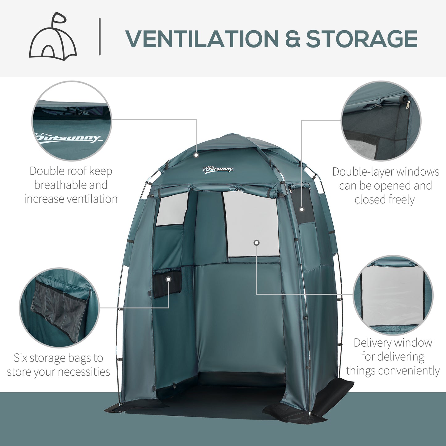 Outsunny 60" x 60" x 82" Shower Tent Extra Wide Changing Room Privacy Portable Camping Shelters with Windows & Floor Mat, Green