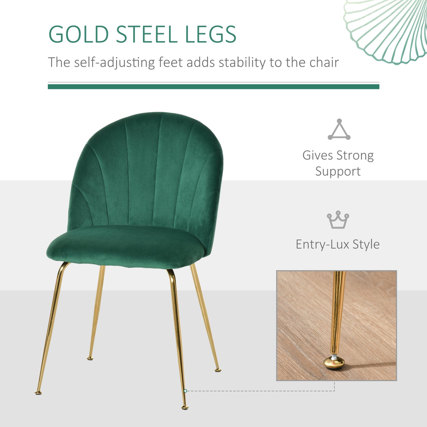 Modern Dining Chair Set of 2, Accent Chair Leisure Accent Chair with Gold Metal Legs and Velvet-Touch Fabric for Living Room, Green