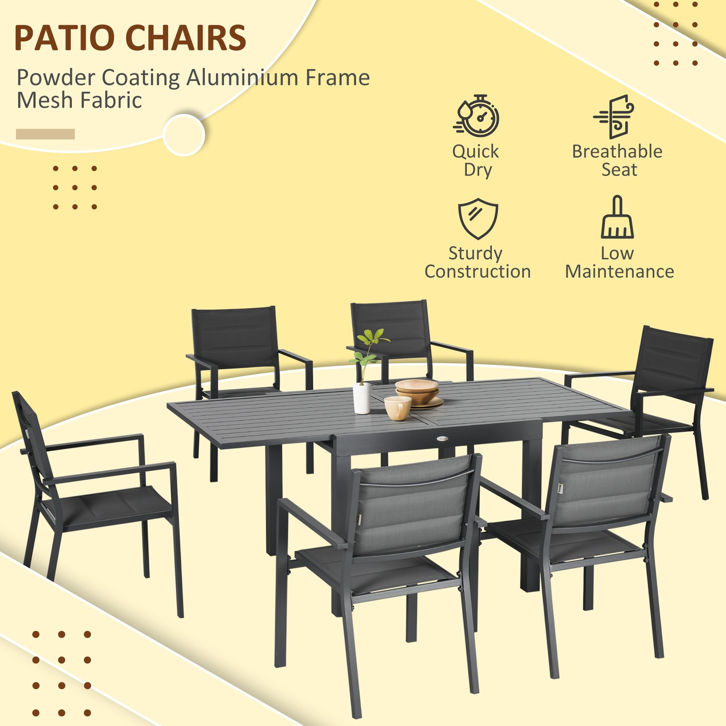 Outsunny 7 Pieces Patio Dining Set for 6, Aluminum Expandable Outdoor Table, Stackable High Back Chair, Mesh Fabric Seats, Dark Gray