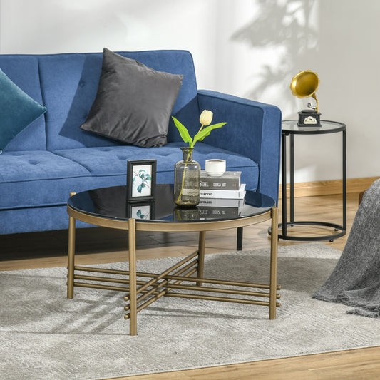 Round Coffee Table with Tempered Glass Top and Golden Metal Legs, Accent Cocktail Table for Living Room