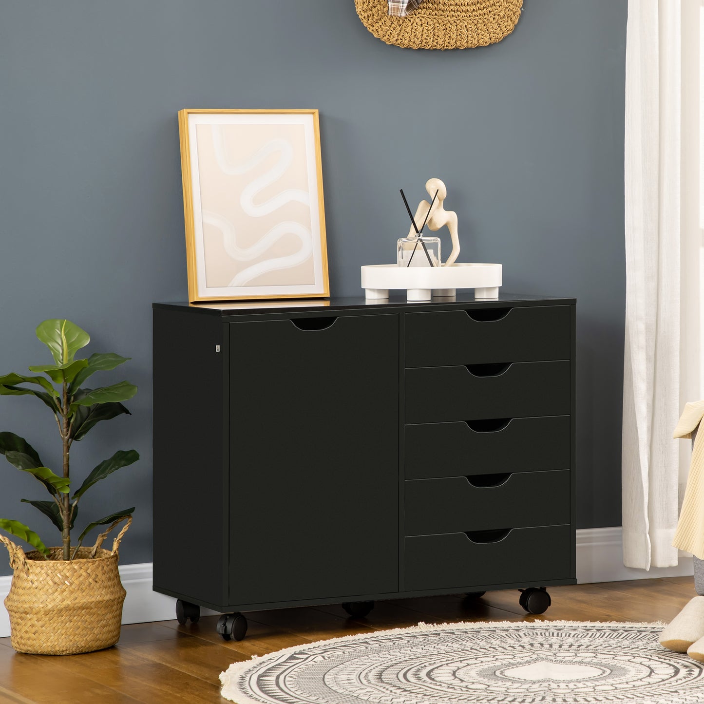 Modern Mobile 5-Drawer Chest with Door, Storage Cabinet, Dresser on Wheels, Printer Stand for Home Office, Black