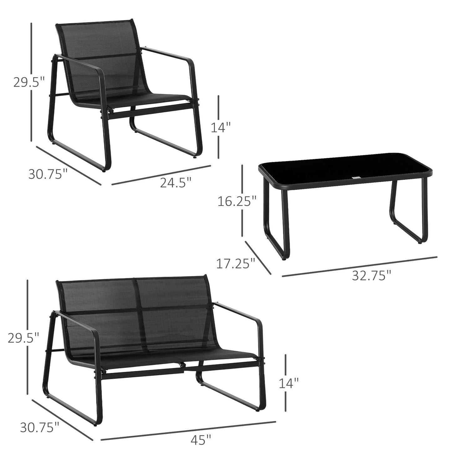 Outsunny 4 PCs Patio Furniture Set with Texteline Seat Outdoor Conversation Set with Loveseat, Center Coffee Table for Garden Backyard Deck, Black