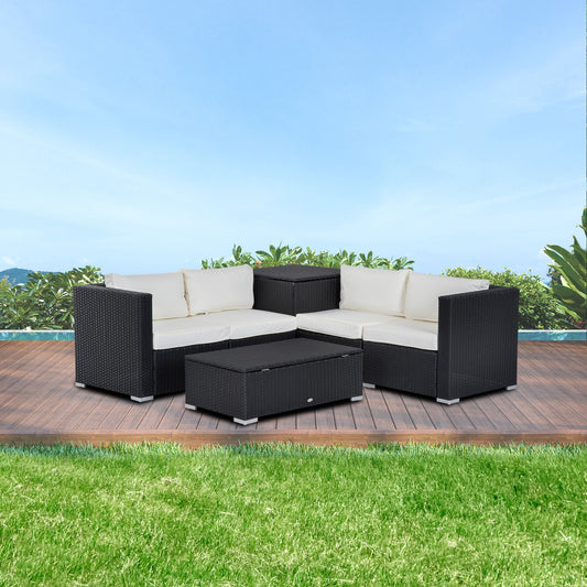 Outsunny 6pcs Deluxe Rattan Wicker Sofa Garden Sectional Couch Patio Furniture Set with Cushion and Storage in Side Table and Coffee Table, Black