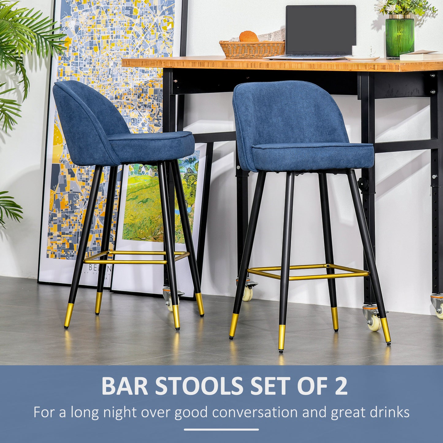 Set of 2 Mid-Back Upholstered Barstools Fabric Bar Chairs with Gold-Capped Steel Legs, Backrest and Footrest, Blue