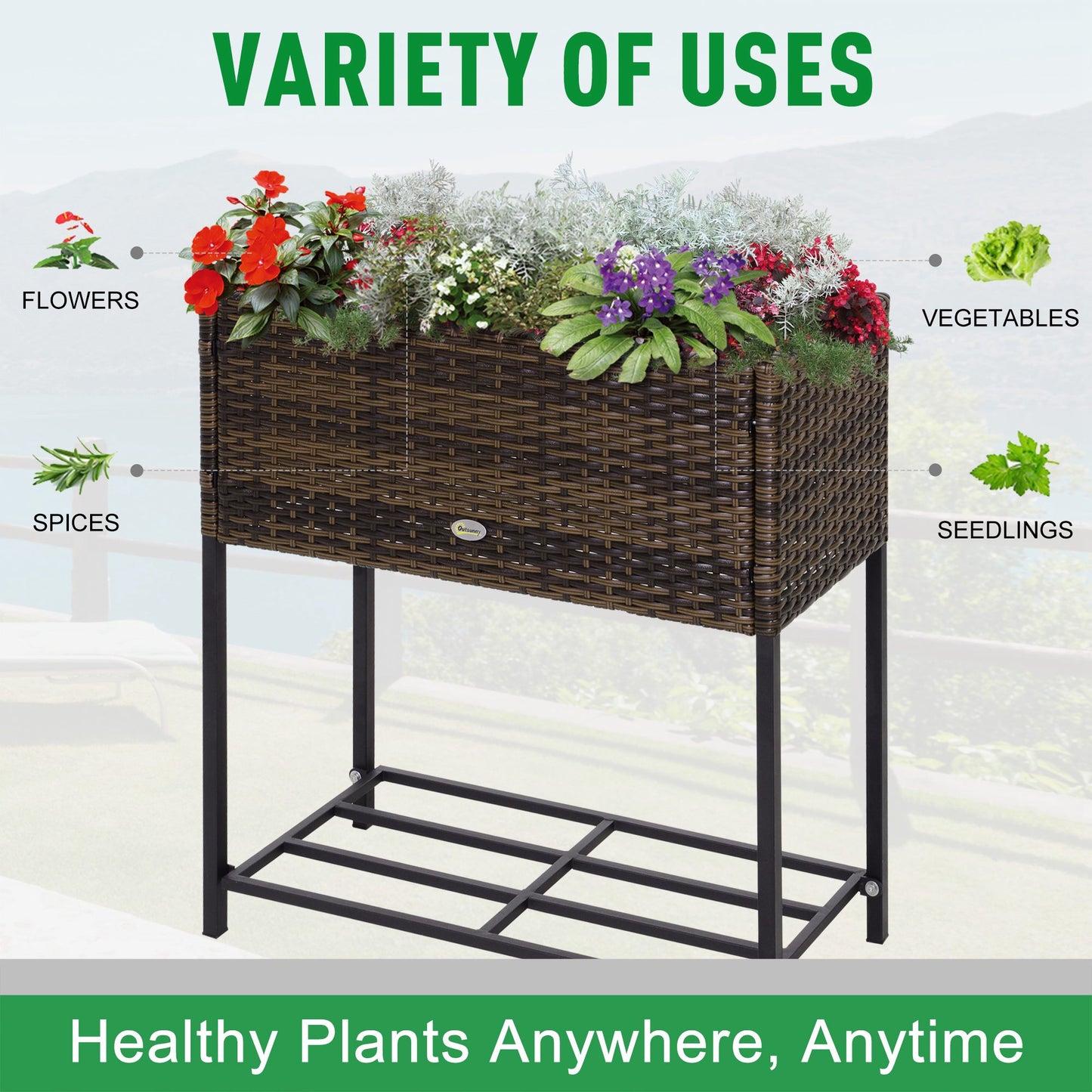 Outsunny Modern Elevated Metal Raised Garden Bed with Rattan Wicker Look, Underneath Tool Storage Rack, Brown