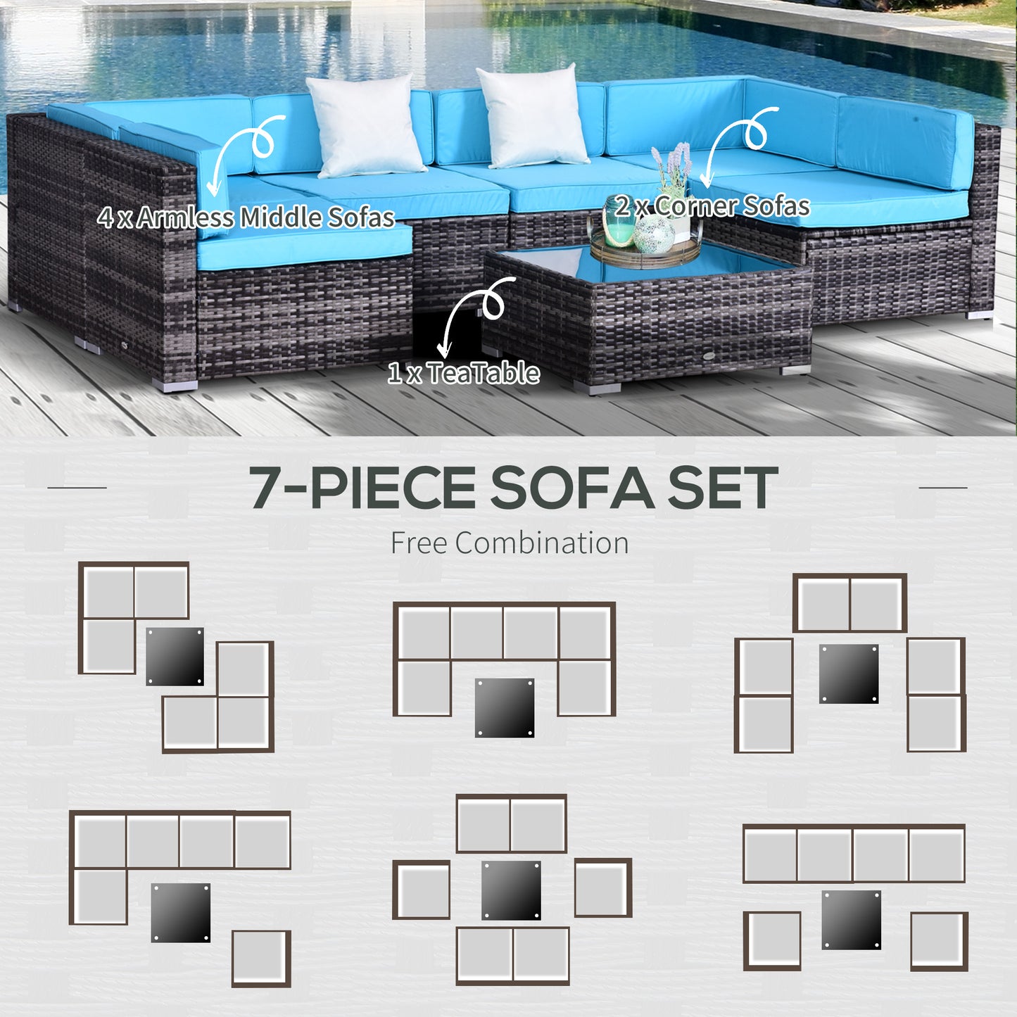 Outsunny 7 Pieces Outdoor Rattan Furniture Set, Patio Wicker Sectional Conversation Sofa Set w/Cushions & Tempered Glass Coffee Table