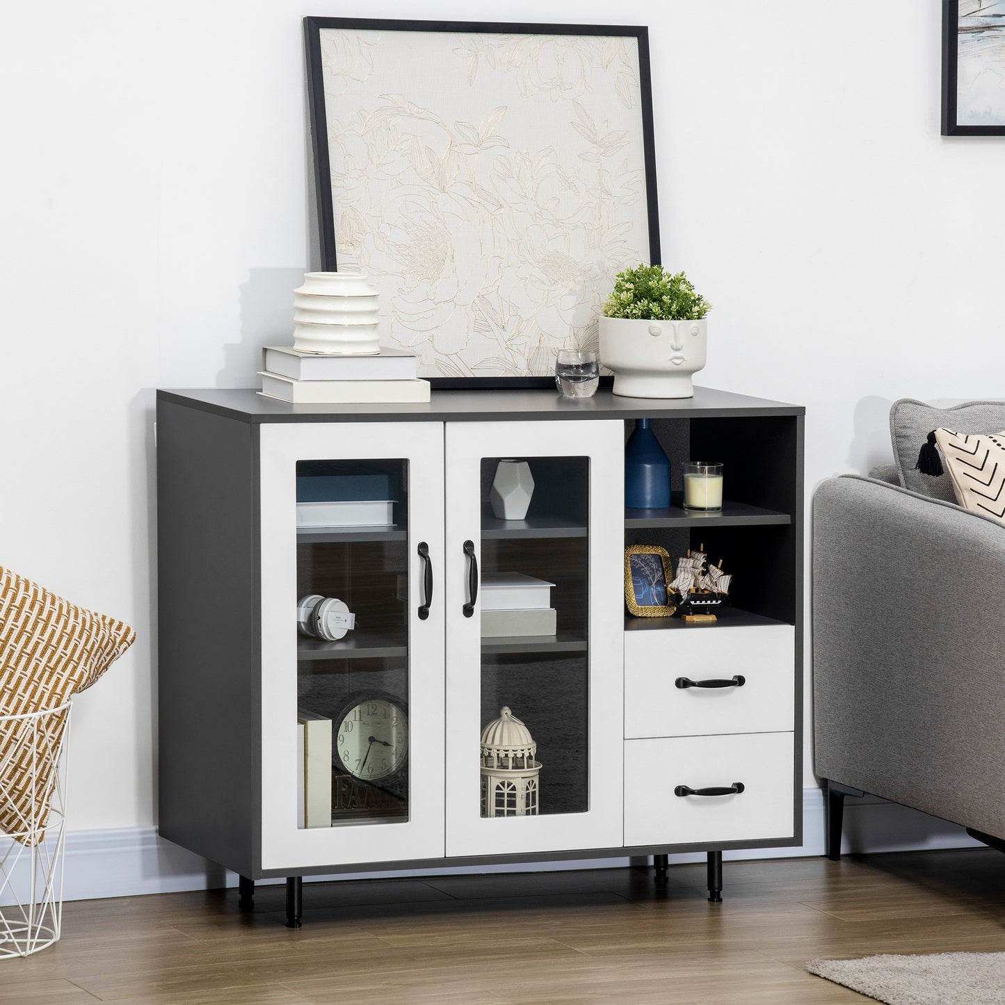 Kitchen Buffet Cabinet, Storage Sideboard with Glass Doors Cupboard, 2 Drawers and 2 Open Shelves for Living Room, Hallway, Charcoal Grey