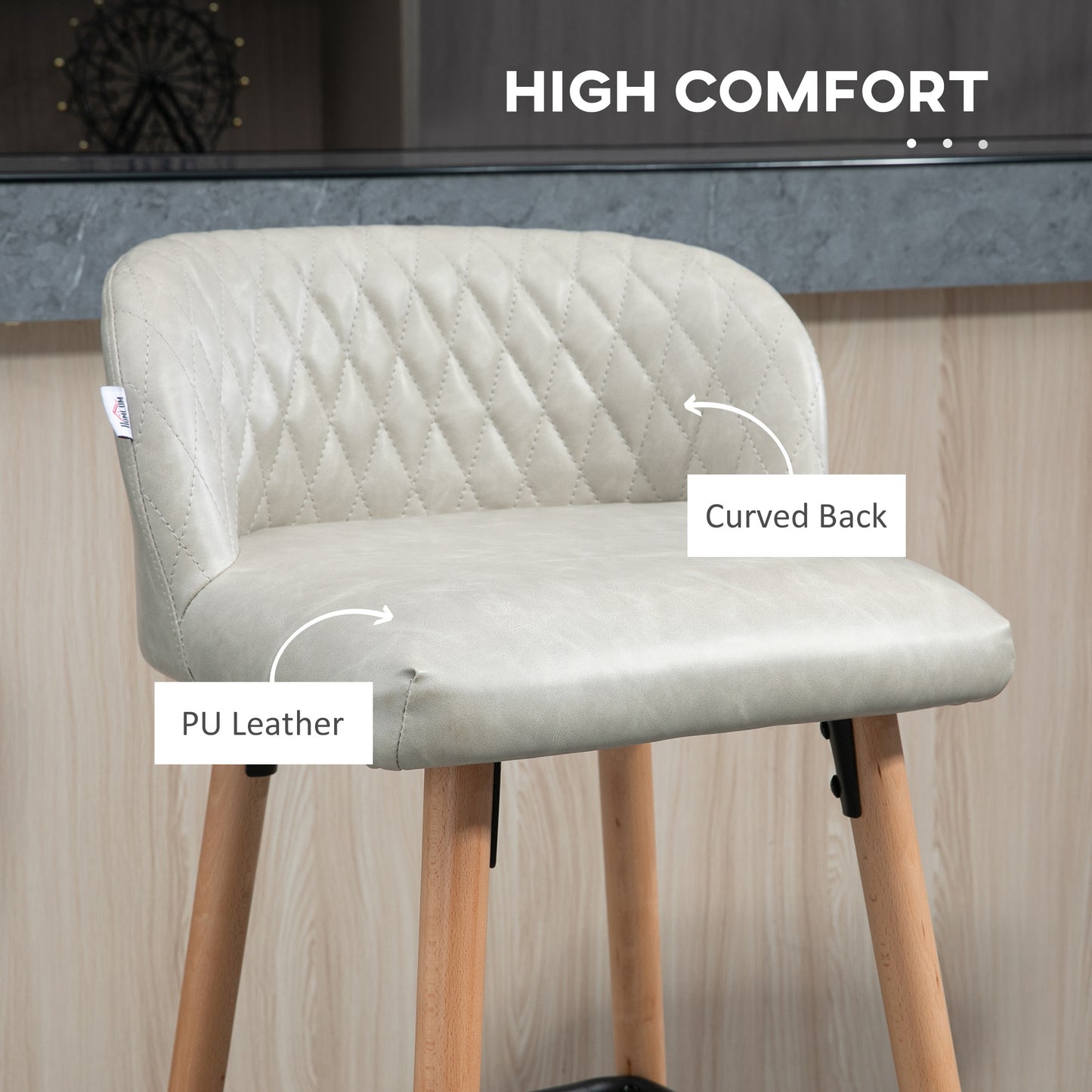 Bar Stool Set of 2 PU Leather Padded Counter Height Bar Stools with Footrest and Adjustable Feet for Home Kitchen White