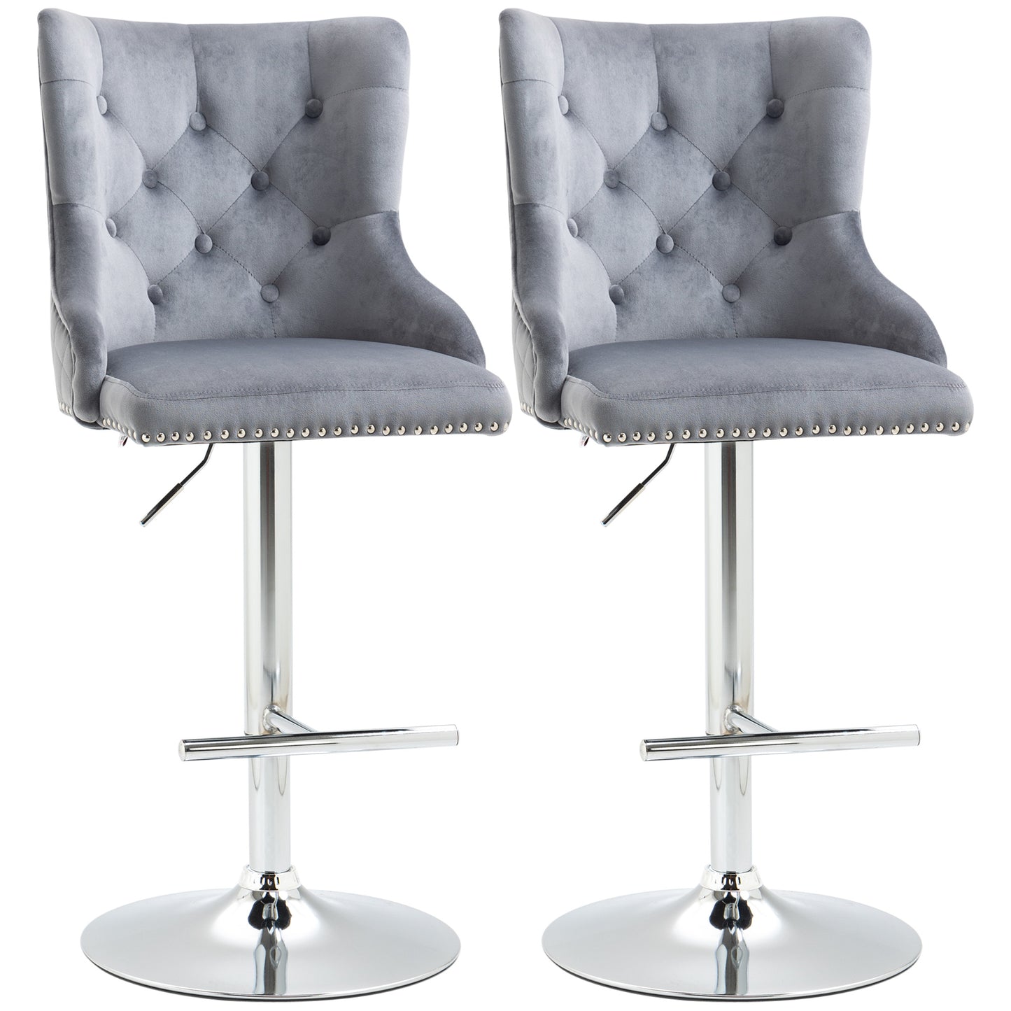 Modern Adjustable Bar Stools Set of 2, Swivel Velvet Barstools with Button Tufted Back, Footrest, Nailhead Trim for Home Bar, Grey