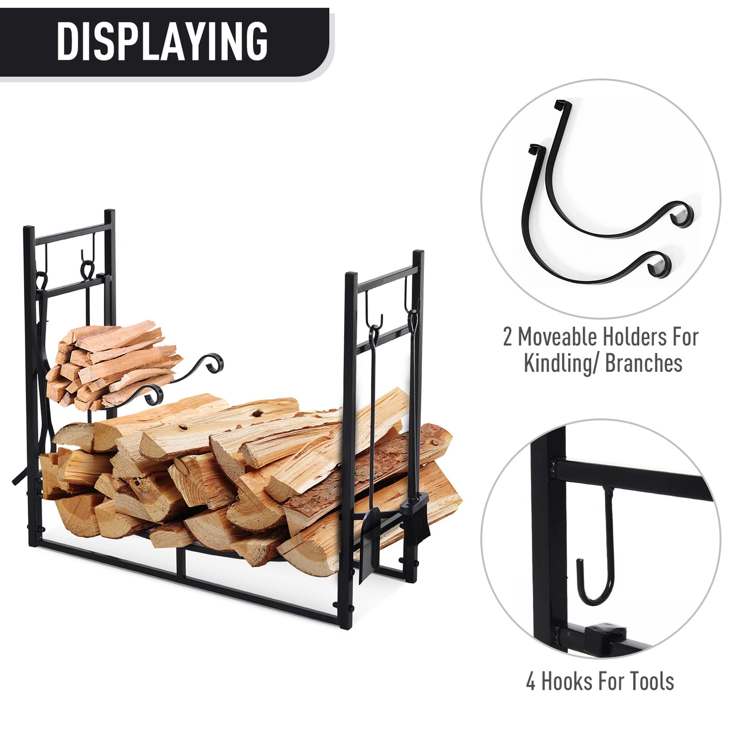 2-Tier Firewood Log Rack with 4 Tools 33" Fireplace Wood Holder Storage Log Rack with Shovel, Broom, Poker, Tongs and Hooks