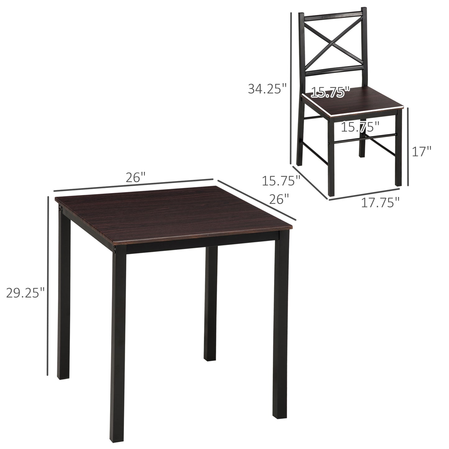 Industrial Dining Table Set of 3, Square Kitchen Table with 2 Chairs Steel Frame Footrest for Small Space, Dark Coffee