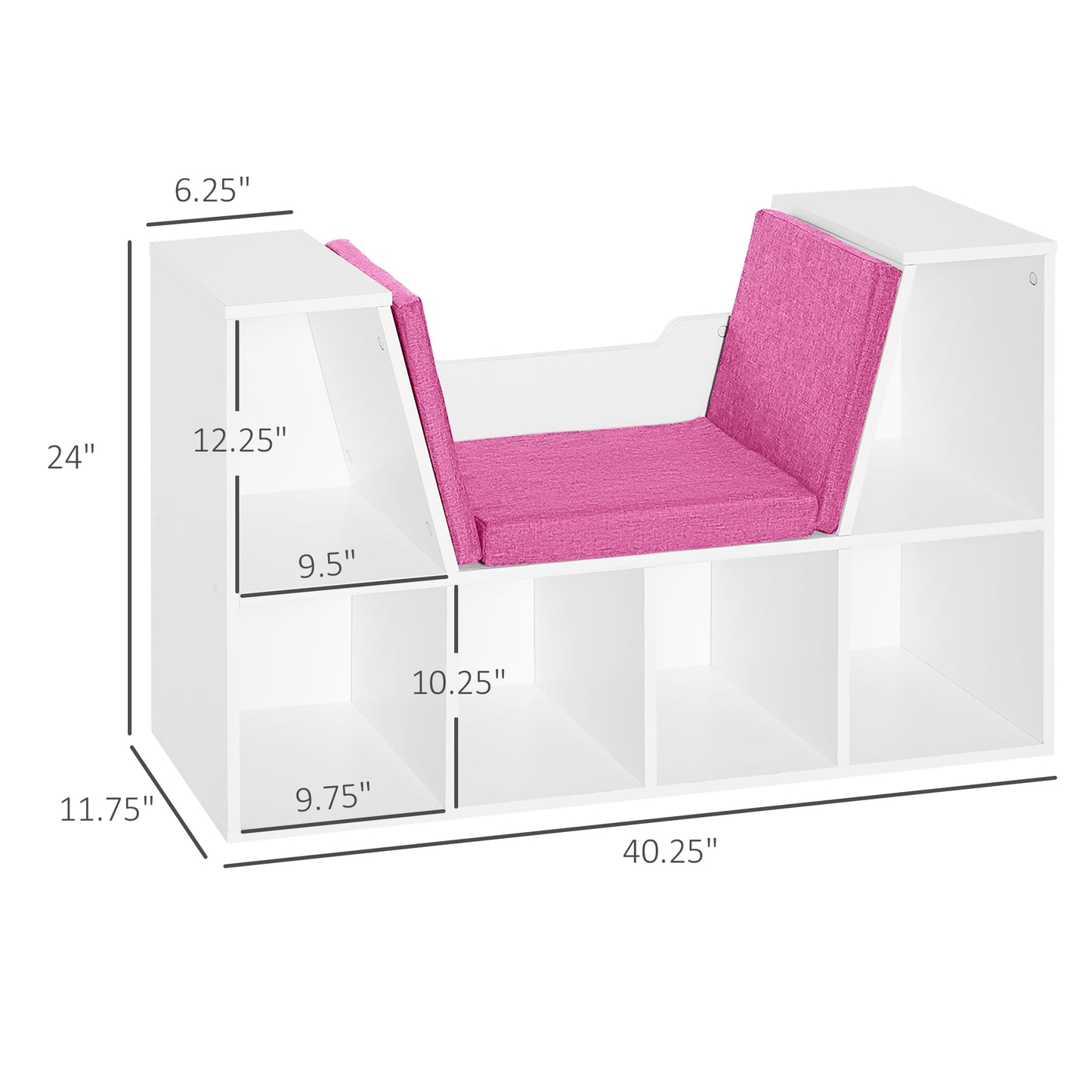 6-Cubby Kids Bookcase w/ Cushioned Seat Reading Nook Storage Organizer Cabinet Shelf Children Bedroom Decor Room White/Pink