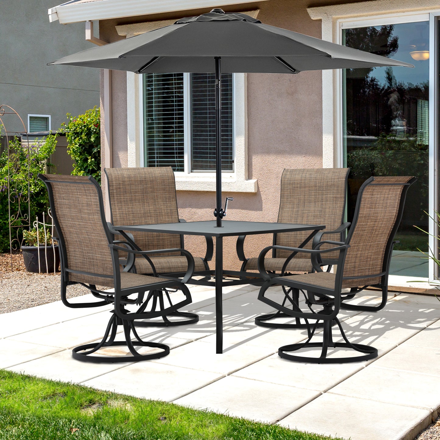 Outsunny 5-Piece Outdoor Patio Dining Set, 4 Swivel Rocker Chairs and 37" x 37" Dining Table Furniture Set with Umbrella Hole for Garden, Lawn and Backyard, Black (Umbrella not included)