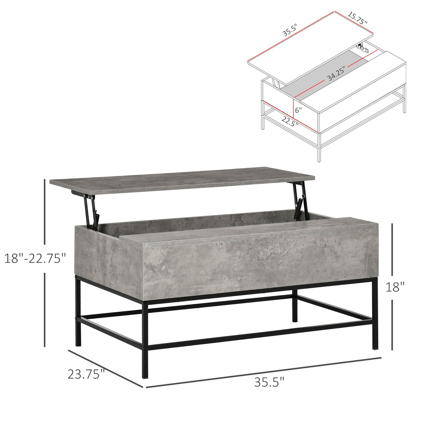 Lift Top Coffee Table with Hidden Storage Compartment Lift Tabletop Center Table for Living Room, Grey