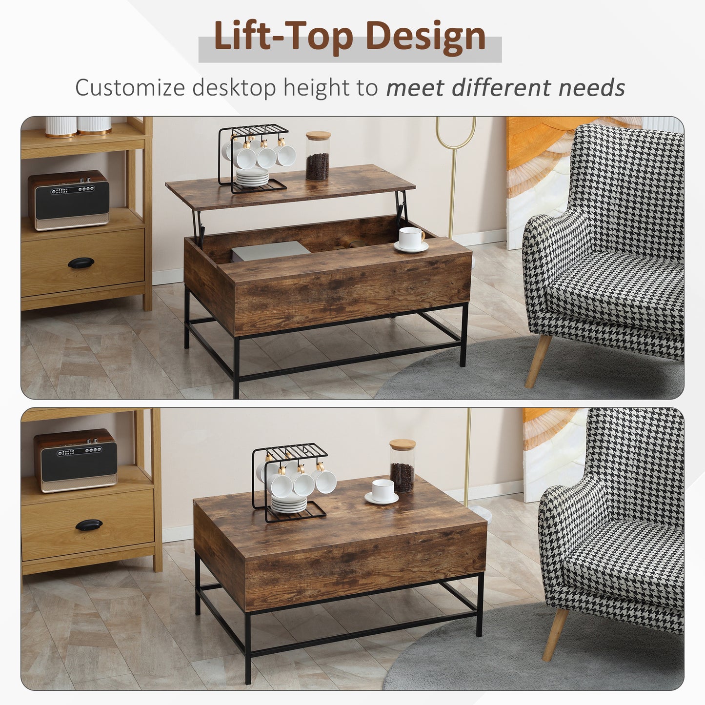 Lift Top Coffee Table with Hidden Storage Compartment Lift Tabletop Center Table for Living Room, Rustic Brown