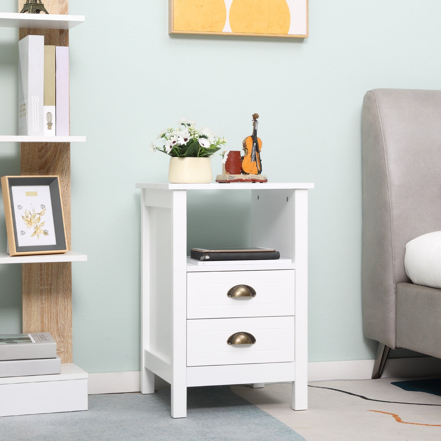 Modern End Table with 2 Drawers and Storage Shelf, Accent Sofa Side Table for Living Room, White