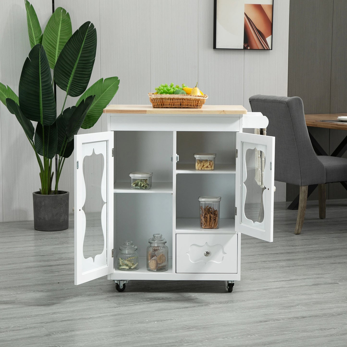 Kitchen Cart, Small Kitchen Island, Rubber Wood Top Utility Trolley on Wheels with 2 Cabinets Storage Drawer Towel Rack for Dining Room, White