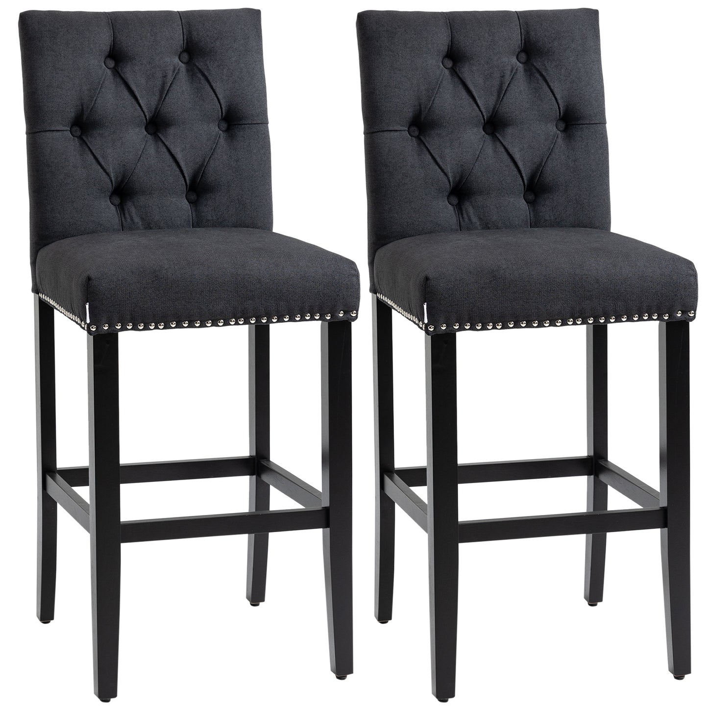 Fabric Bar Stool Set of 2, Tall 29.5" Seat Height Bar Chairs with Tufted Back & Wood Legs, Dark Grey