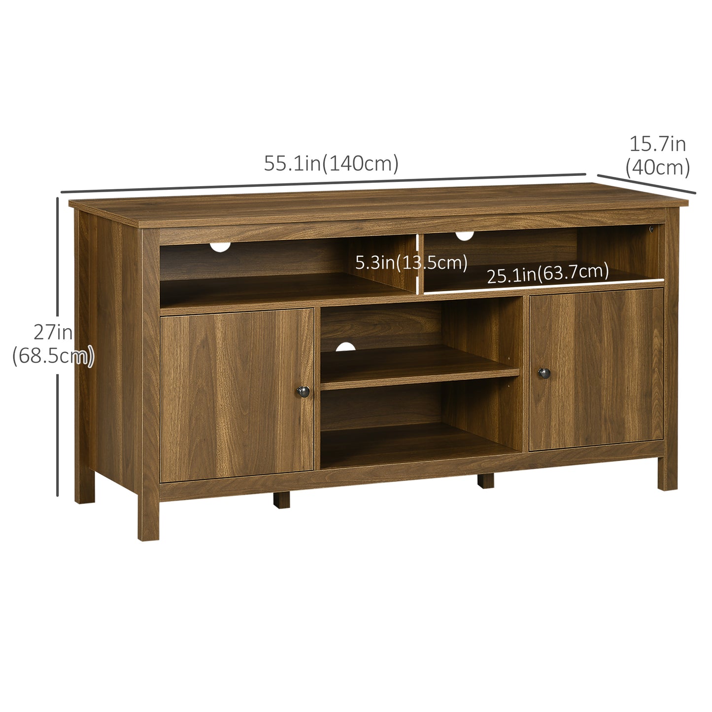 TV Stand for TVs up to 55", TV Unit with Storage Cupboard and Shelves, 55.1" x 15.7" x 27", Walnut