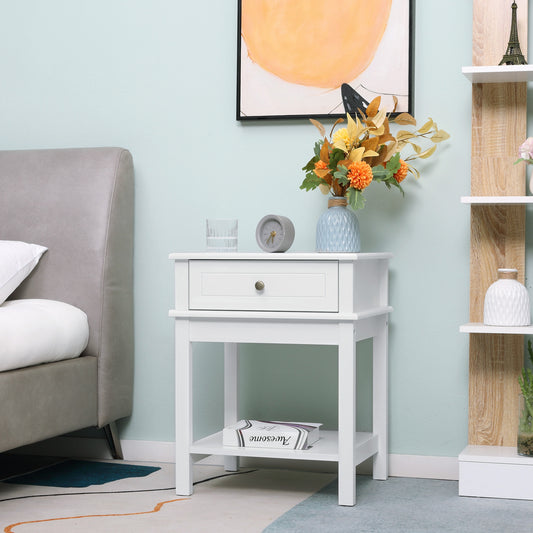 Modern Nightstand, Accent End Side Table with Drawer and Storage Shelf, Bedside Table for Bedroom Living Room, White