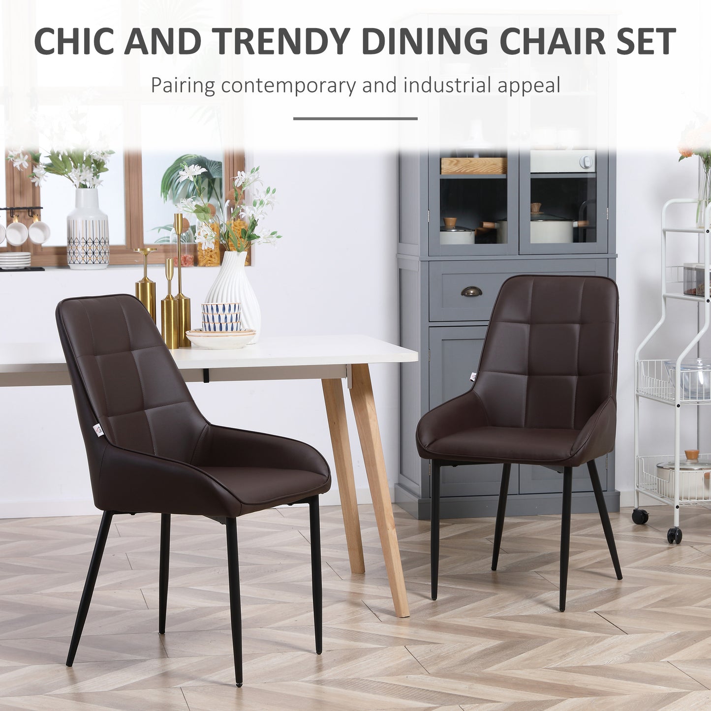 Dining Chairs Set of 2, Mid Century Modern Kitchen Chairs with PU Leather Upholstery and Steel Legs for Living Room, Dining Room, Bedroom, Brown