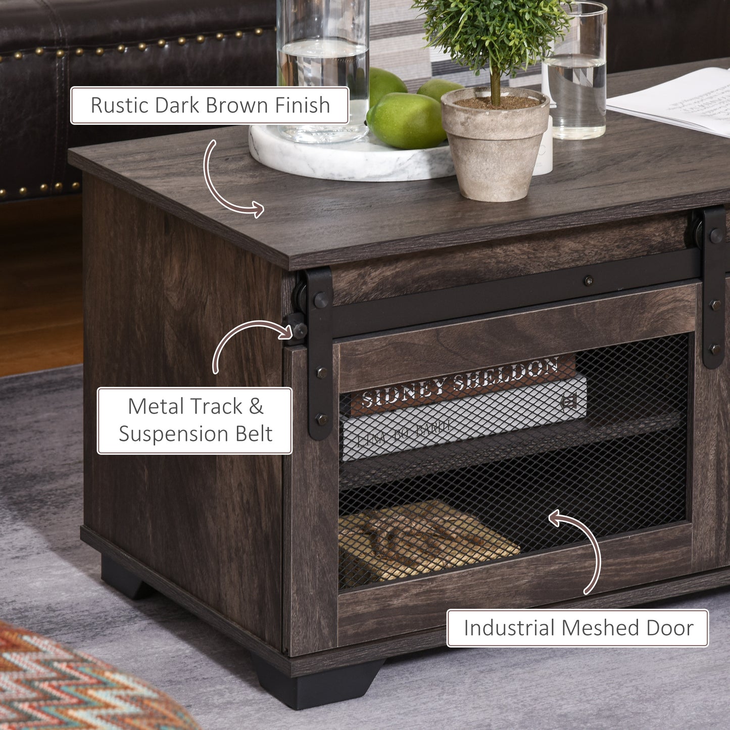 Farmhouse Coffee Table with Sliding Mesh Barn Door, Industrial Center Table with Adjustable Shelf for Living Room, Dark Brown