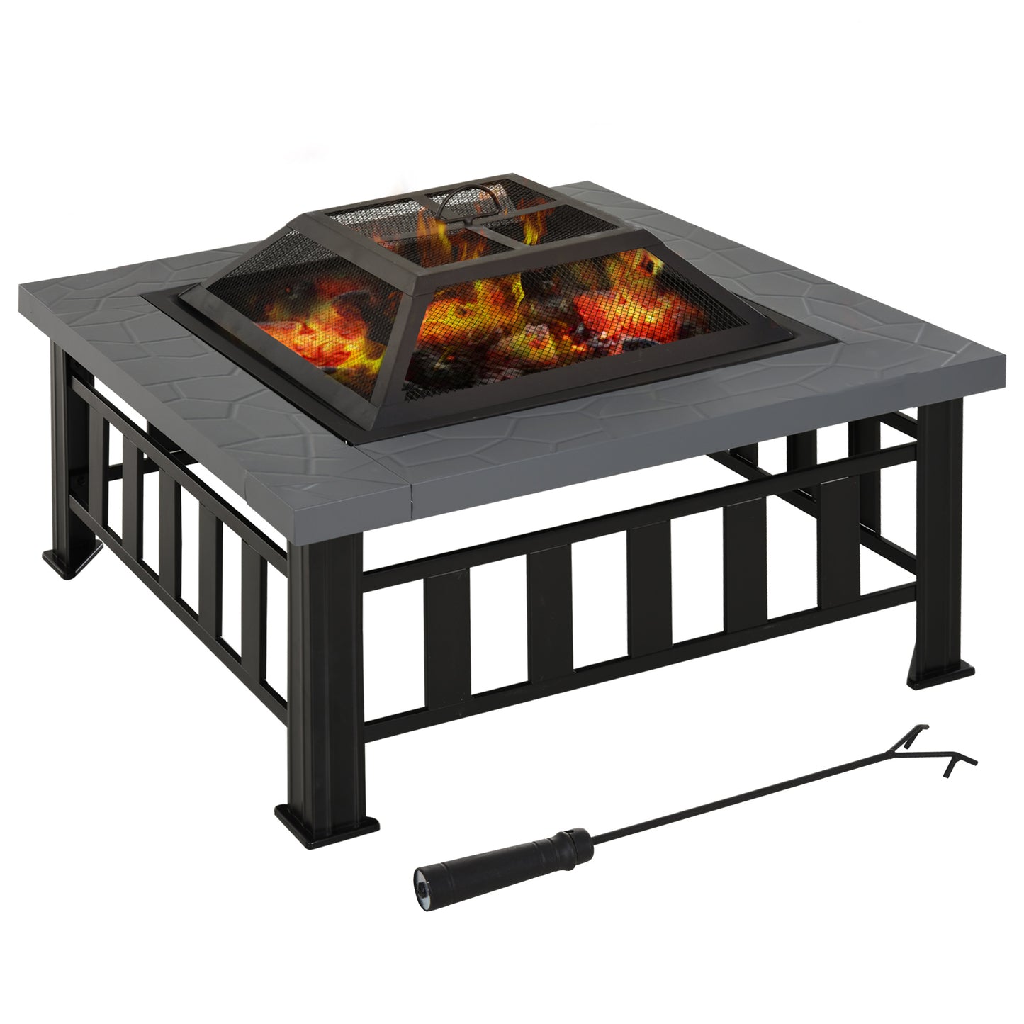 Outsunny 33" Outdoor Square Firepit Steel Stove Portable with Spark Screen Cover Log Grate Poker and Rain Cover for Outside Wood Burning and Camping Black