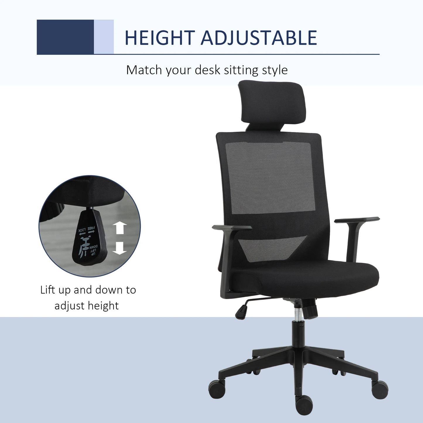 High Back Office Chair Swivel Task Chair with Lumbar Back Support, Breathable Mesh, and Adjustable Height, Headrest, Black