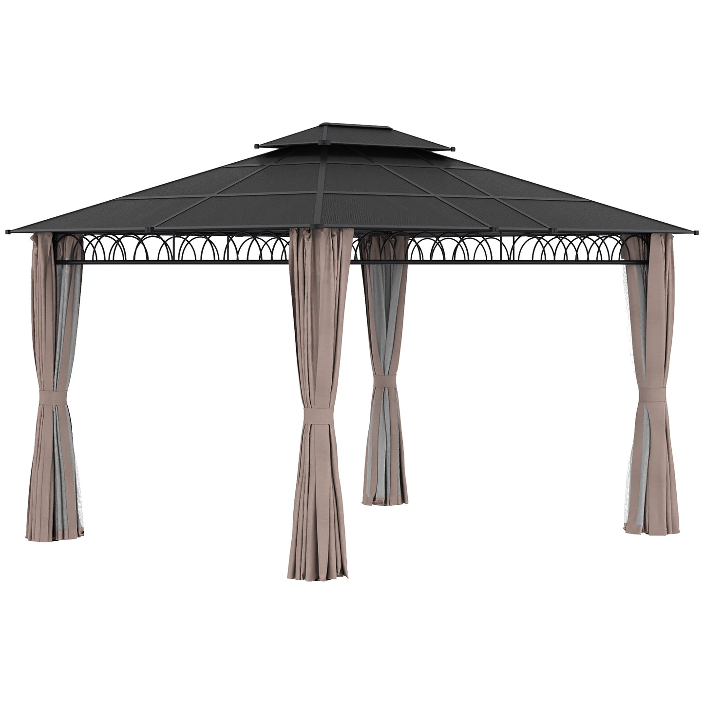 12' x 10' Outdoor Gazebo Canopy, Double Roof Hardtop Gazebo with Polycarbonate Roof, Galvanized Steel Frame, Nettings & Curtains, for Garden, Lawn, Backyard and Deck