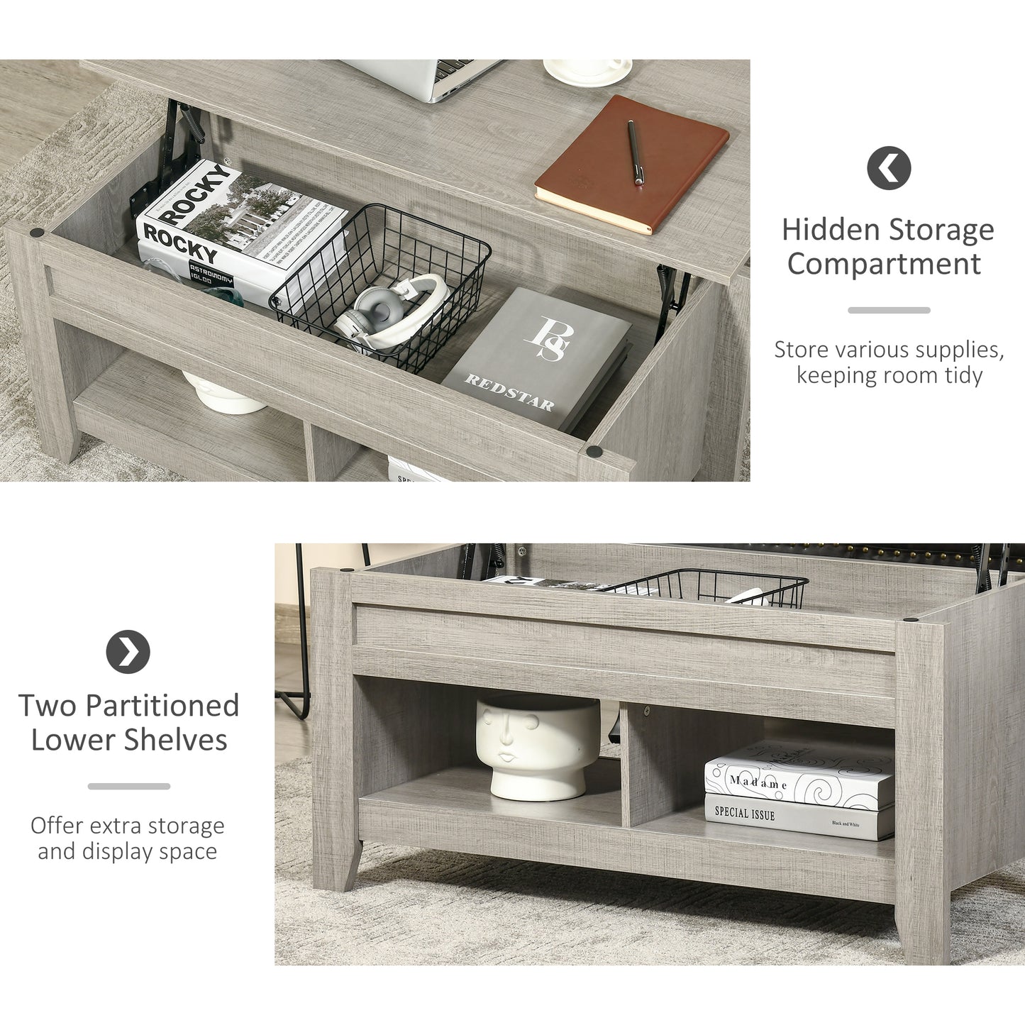 Coffee Table with Hidden Storage Compartment and Open Shelves, Lift Tabletop Pop-Up Center Table for Living Room, Light Grey