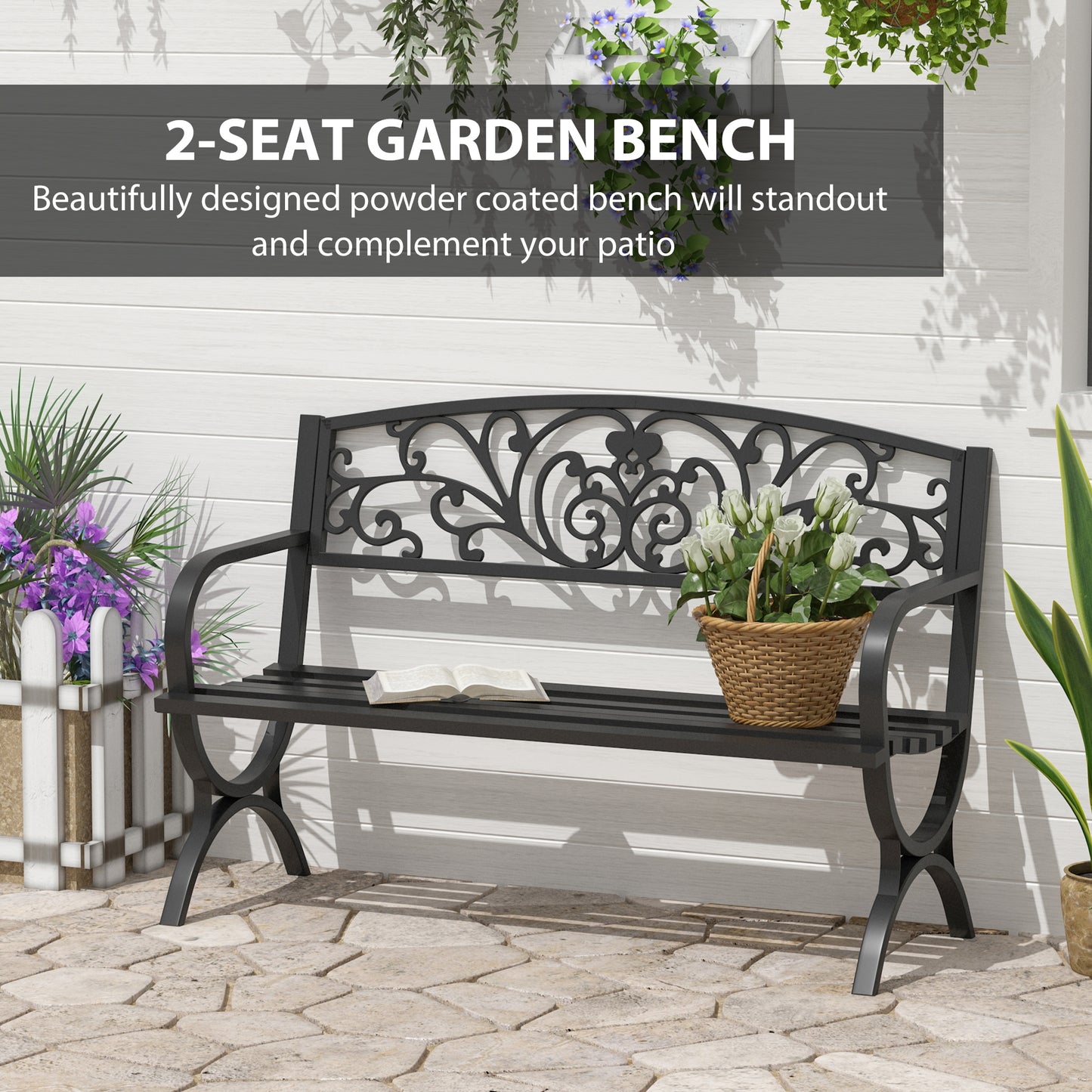 Outsunny 50" 2-Seater Garden Bench, Patio Porch Decorative Chair Cast Iron Loveseat Outdoor Furniture for Yard, Lawn, Porch, Black