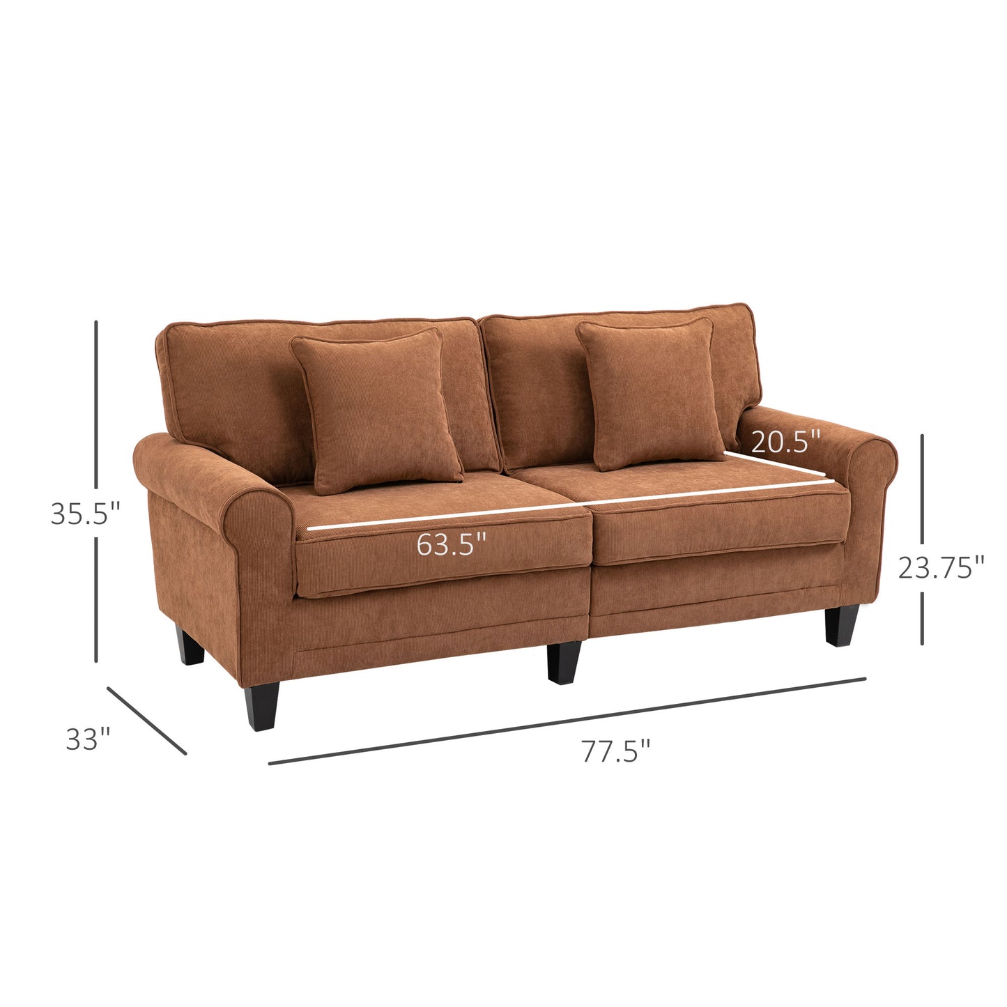 Modern Classic 3-Seater Sofa, Corduroy Fabric with Pine Wood Legs, Rolled Arms, Brown