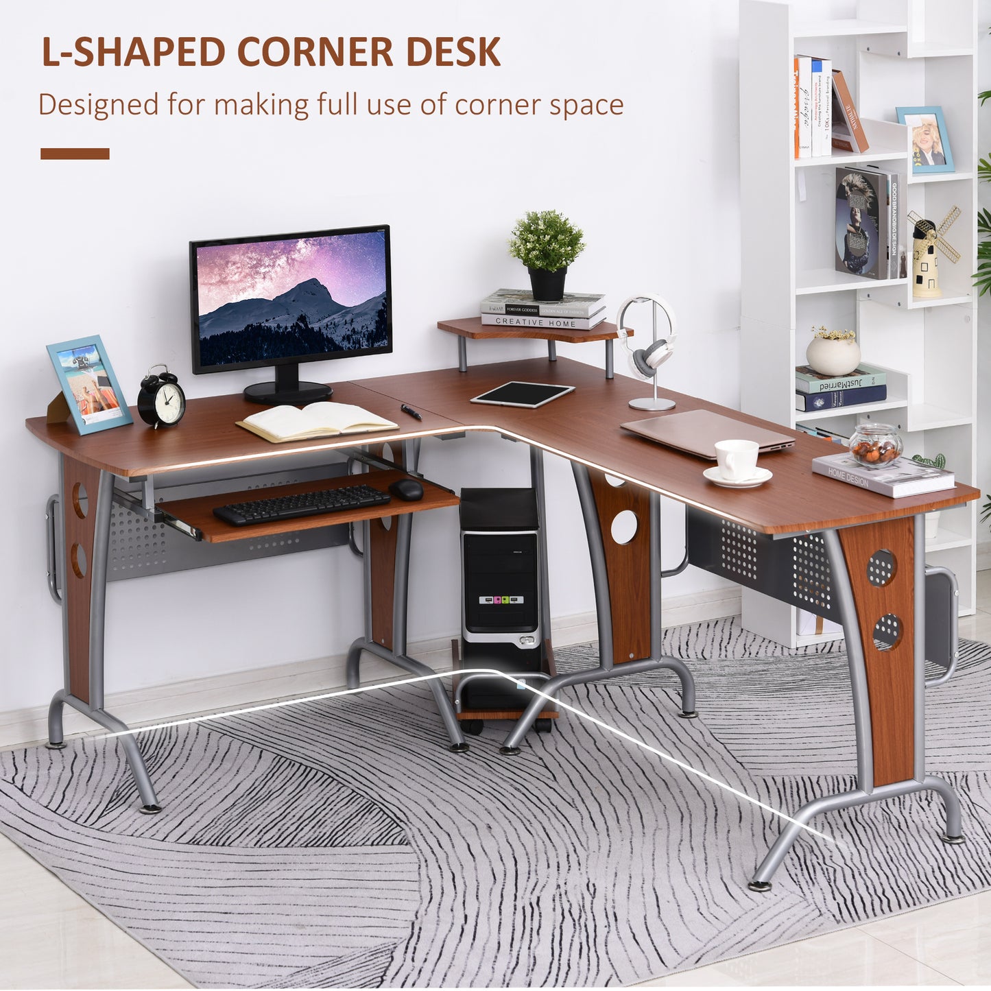 L-Shaped Computer Desk for PC, Corner Table for Small Spaces with Elevated Shelf, Keyboard Tray, CPU Stand, Home Office Workstation, Brown Wood Grain