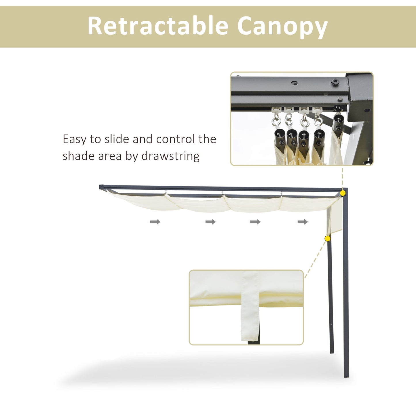 10'x10' Outdoor Pergola Gazebo with Retractable Canopy & Metal Frame & PA Coated Sun Shelter Door Porch Cover, Cream White