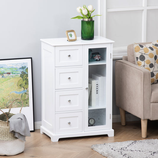 Floor Cabinet with Glass Door & 4 Drawers, Sideboard, Bathroom Storage Cabinet with Adjustable Shelf, for Living Room, Entryway, White