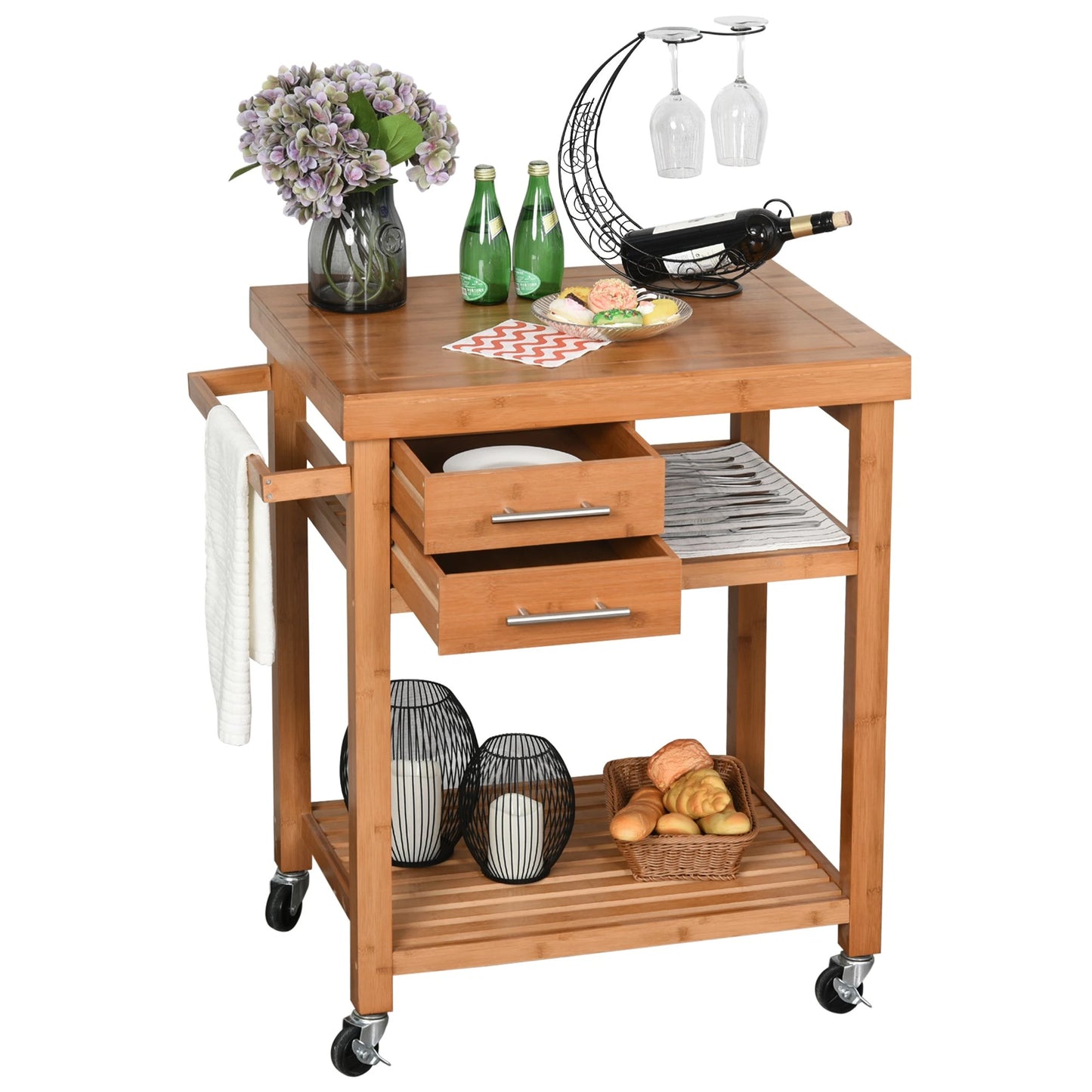 Bamboo Rolling Kitchen Island Trolley with Drawers & Shelves