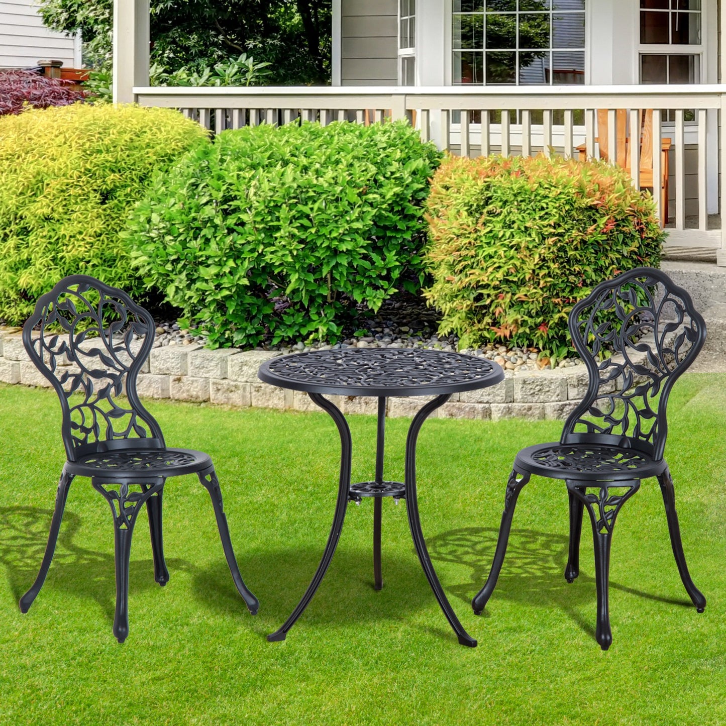 Outsunny 3pcs Patio Bistro Set with Umbrella Hole, Antique Style Garden Coffee Set, Outdoor Bistro Dining Set, Black