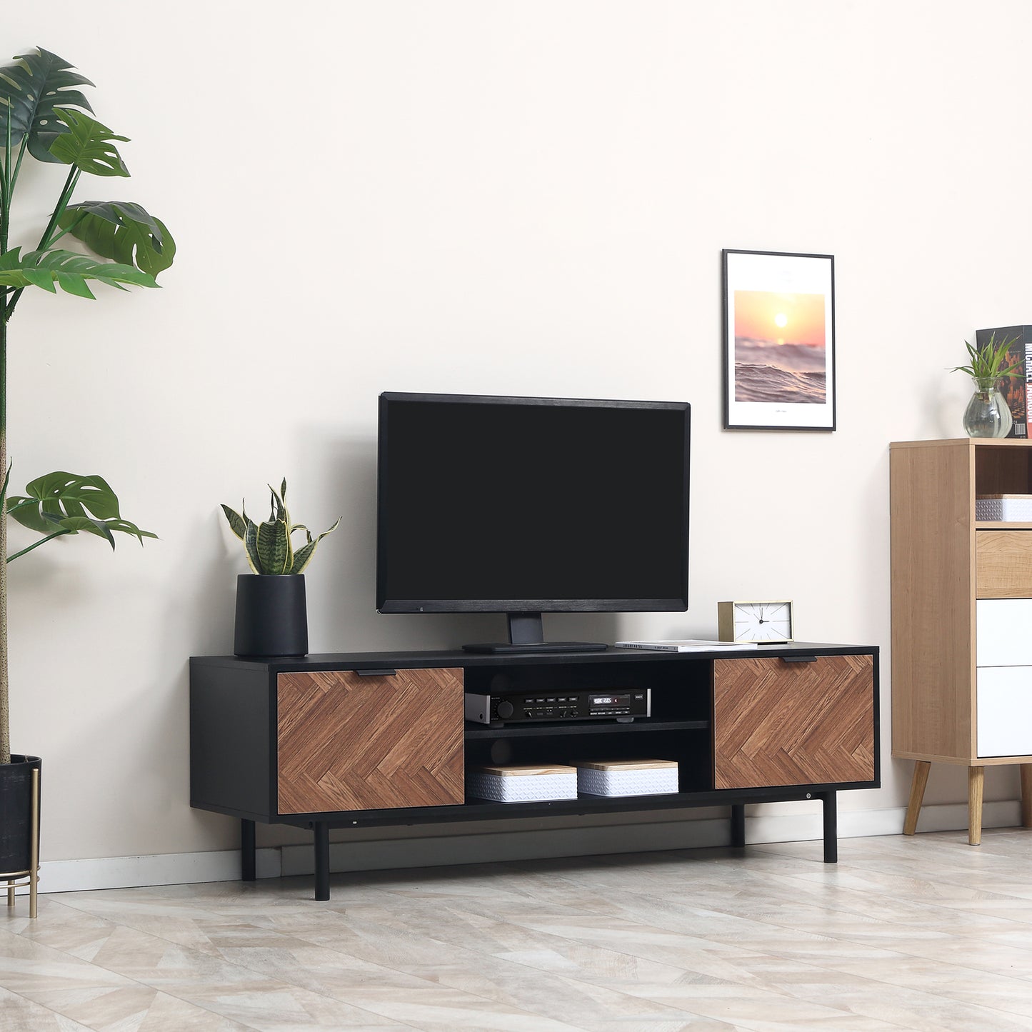 Modern TV Stand with Storage for TVs up to 50", Media Console with 2 Cupboards and Open Shelves, TV Unit for Bedroom, Living Room, Black