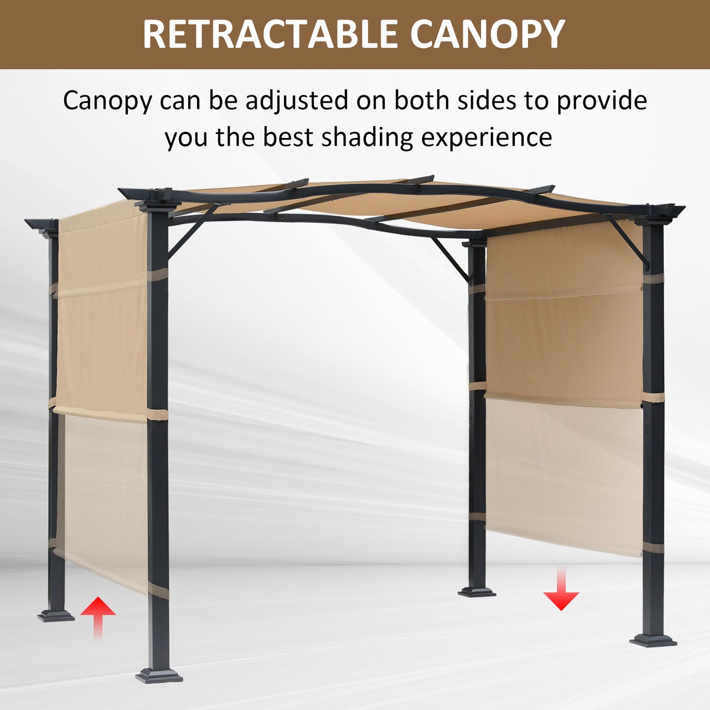 10' x 8' Outdoor Retractable Pergola Garden Gazebo with Two Adjustable Side Canopy Overhead Sun Shade Backyard Canopy Cover Khaki