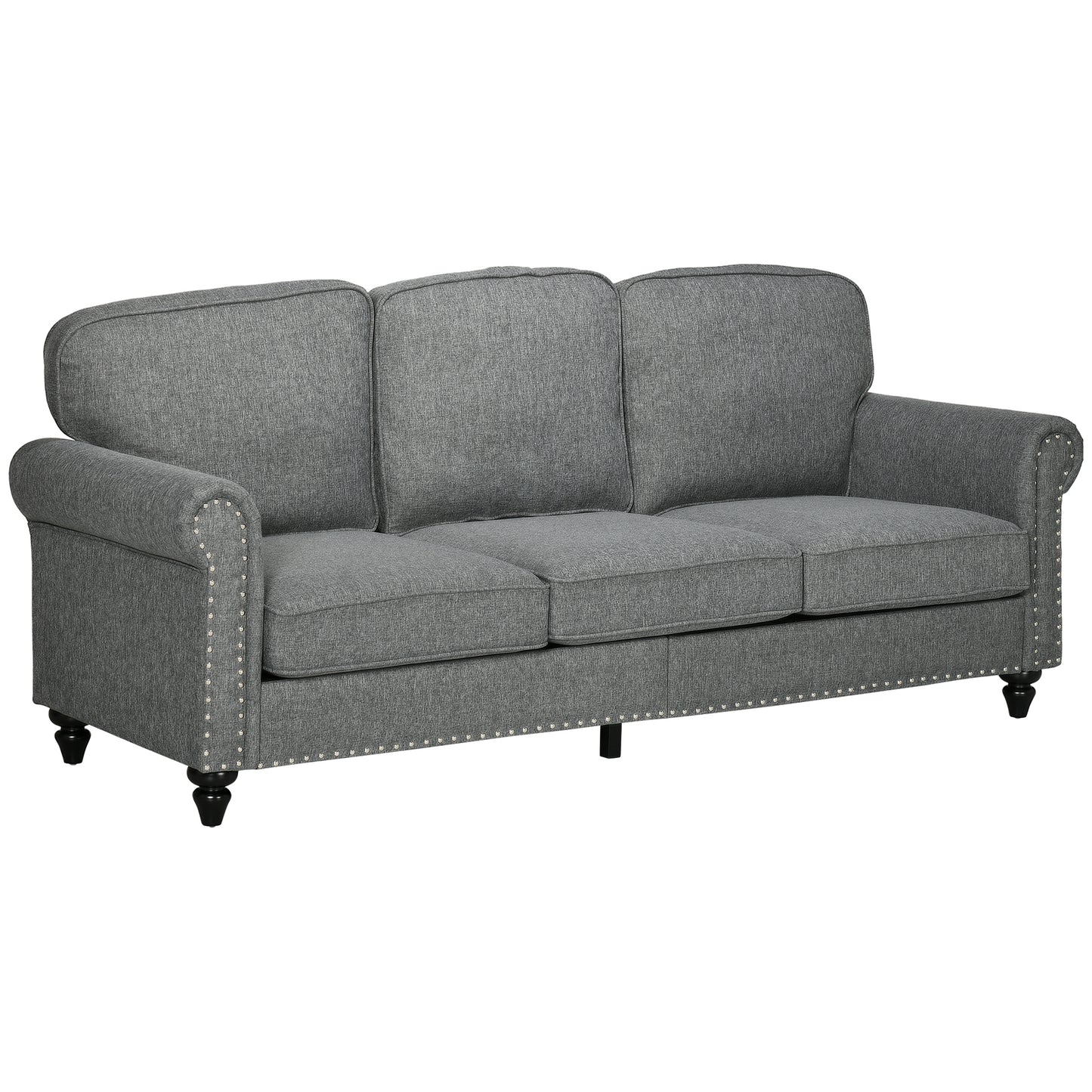 -Seater Sofa Couch, 81" Modern Linen Fabric Sofa with Rubberwood Legs, Studded Trim and Rolled Arms for Living Room, Bedroom and Apartment, Grey