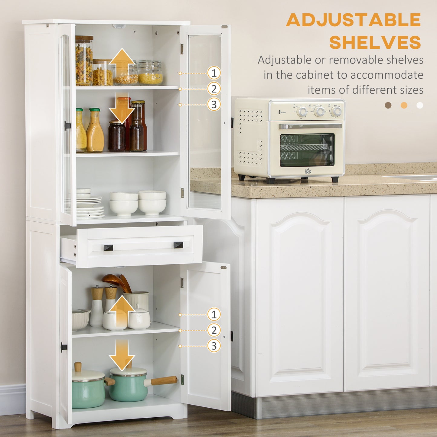 63" 4-Door Kitchen Pantry Cabinet, Freestanding Storage Cabinet Cupboard with Adjustable Shelves, White