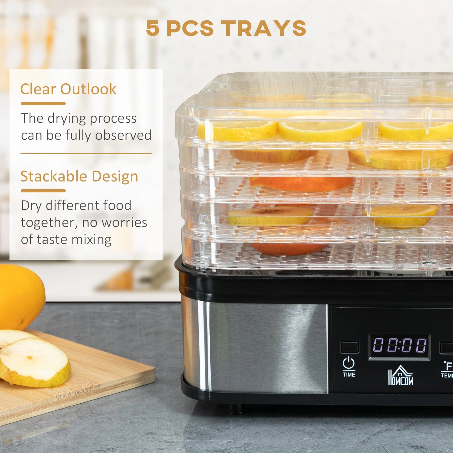 Food Dehydrator Machine with Adjustable Timer, Temperature Control, Digital Display, Food Dryer Machine for Snack, Fruit, Jerky, Meat, Herbs, Dog Treats, 245W, BPA Free