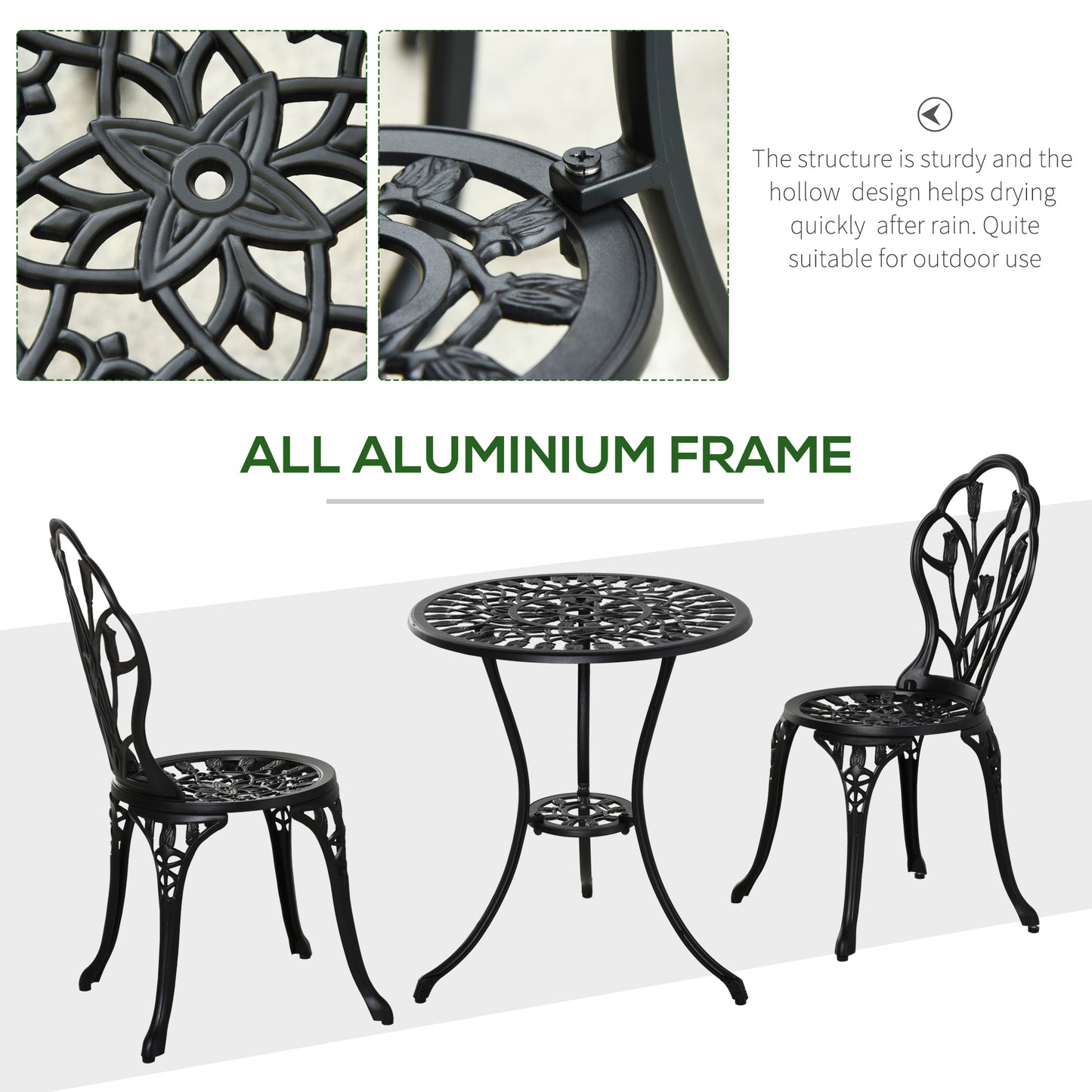 Outsunny 3PCs Patio Bistro Set, Outdoor Cast Aluminum Garden Table and Chairs with Umbrella Hole for Balcony, Black