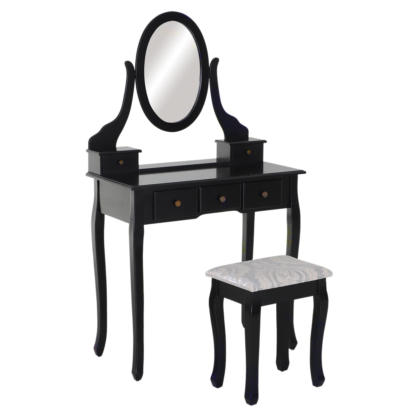 Wooden Vanity Table Set, Makeup Dressing Table with 360° Rotating, 5 Drawers and Padded Stool, Black