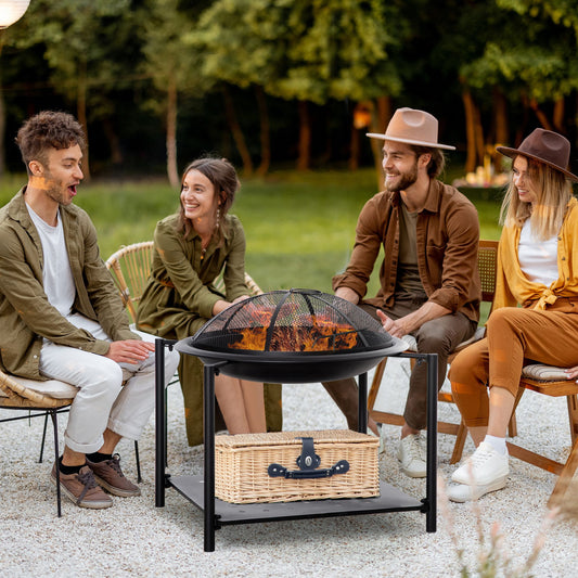 Outdoor Fire Pit with Screen Cover and Storage Shelf, Wood Burning Fire Bowl with Poker for Patio, Backyard, Black